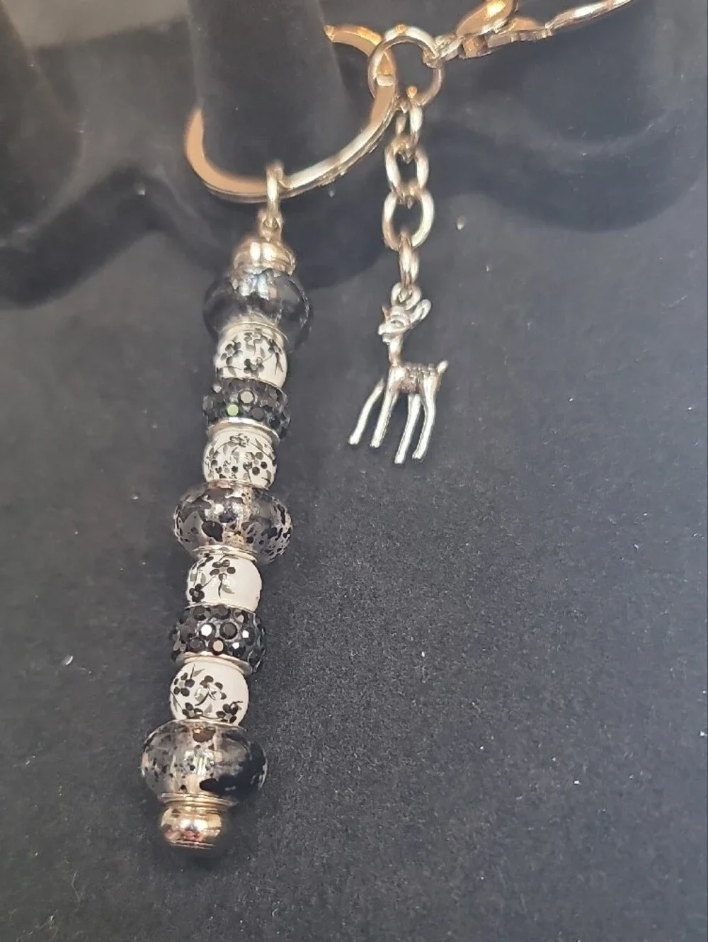 Beaded Black & Silver Keychain with Deer Charm